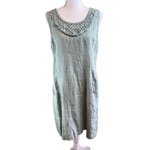 LUNGO L'ARNO Green Linen Dress Sz M Italian Shift Pockets Summer Vacation Resort